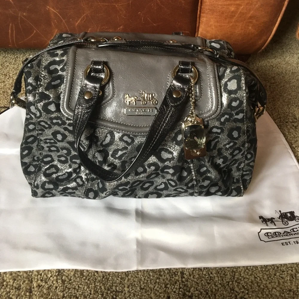 Coach Metallic Leopard Satchel Bag in Black/Silver With Matching Wristlet